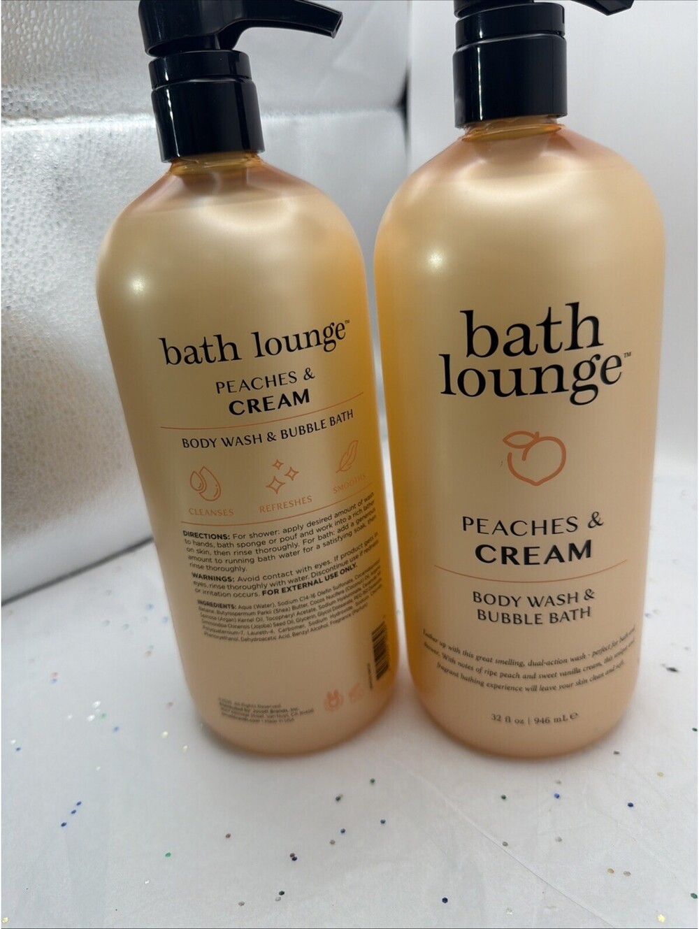 Bath Lounge Peaches & Cream Body Wash Bubble Bath 32 oz Jumbo Moisturizing 2 Pk